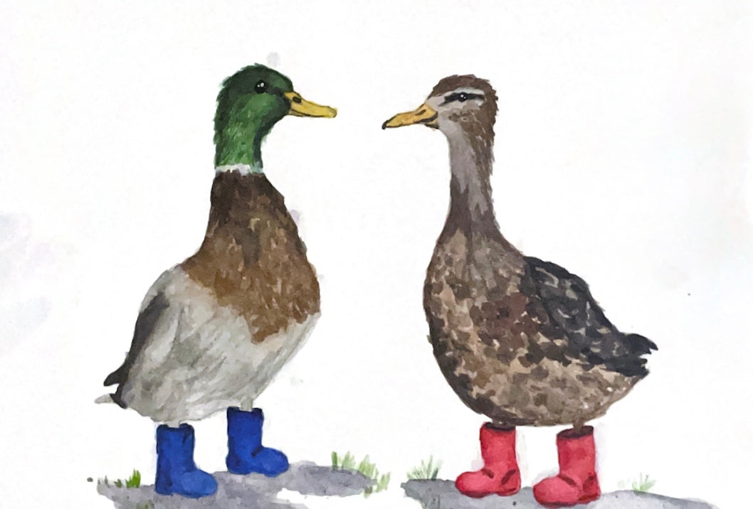 watercolor ducks wearing rubber boots